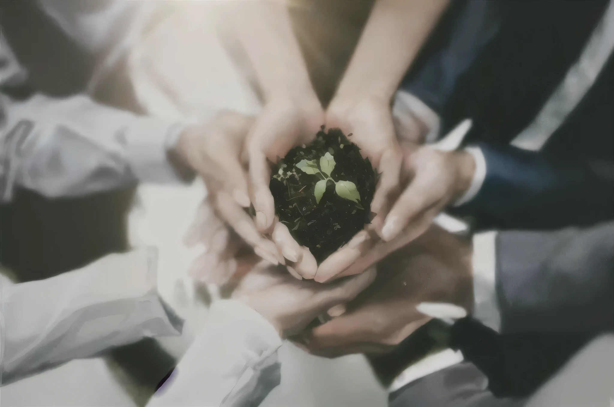 Several people holding a plant in their hands，The sun shines on them, sustainable development, On Dark background, High-quality images”, Dark background, Groundbreaking, Miniature Earth in hand, photo shoot, Earthy, stylized photo, high-definition, shutter, the source of future growth, High-quality images, Organic growth, High quality pictures, Caregiver&#39;s clothes，No black people