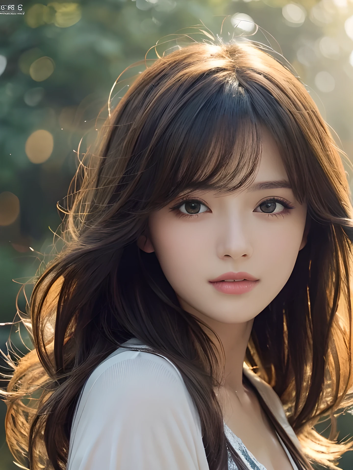 masterpiece, highest quality, High resolution, wallpaper, realistic, (bright lighting:1.4), professional lighting, face light, smooth lighting, 1 girl, Close-up, cute, sleepy, open mouth to say something, shy, Beautiful girl, gravure, sexy, super beautiful, beautiful skin, beautiful and detailed eyes、detailed face、slim、moderately, short hair, hair blown by the wind, brunette colored hair, brown eyes, Professional Photography, Bokeh, Portrait, The morning sunlight shines through the misty forest path.