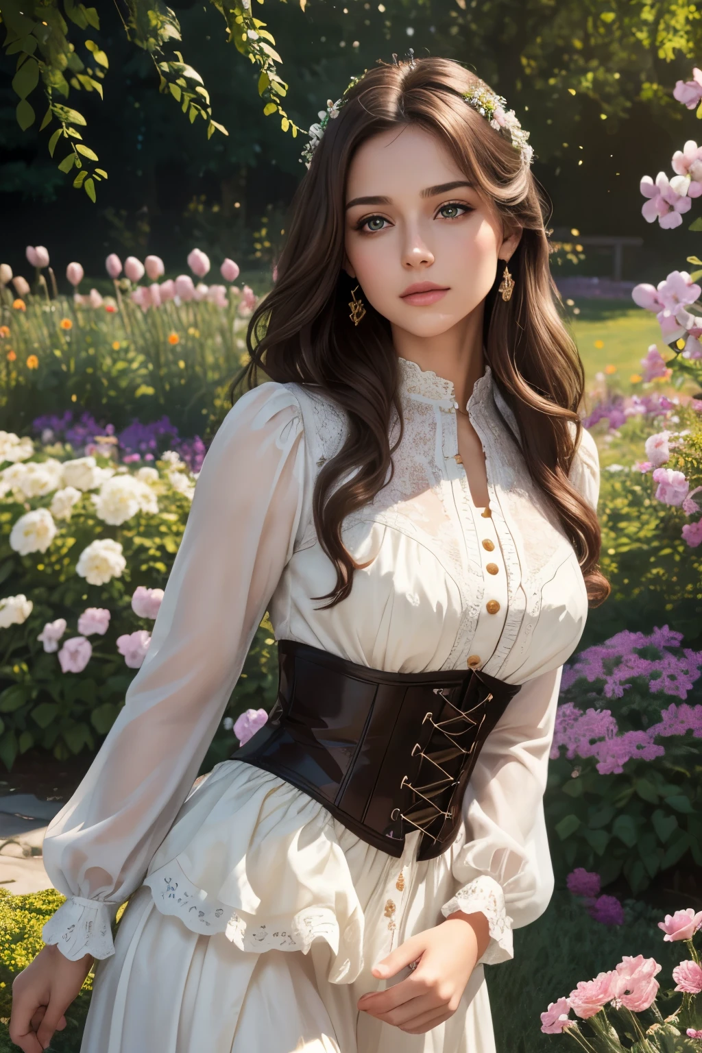 (best quality,4k,highres,masterpiece:1.2),ultra-detailed,realistic:1.37,person:1.1,beautiful detailed eyes,brown hair,beautiful detailed lips,brown eyes, penetrating green eyes,1beautiful woman,white clothes,purple and black corset,strong and confident,gorgeous,standing in a garden,flowers in the background,a touch of sunlight illuminating her face,soft and natural lighting,feminine and graceful pose,whimsical atmosphere,vivid colors,portrait