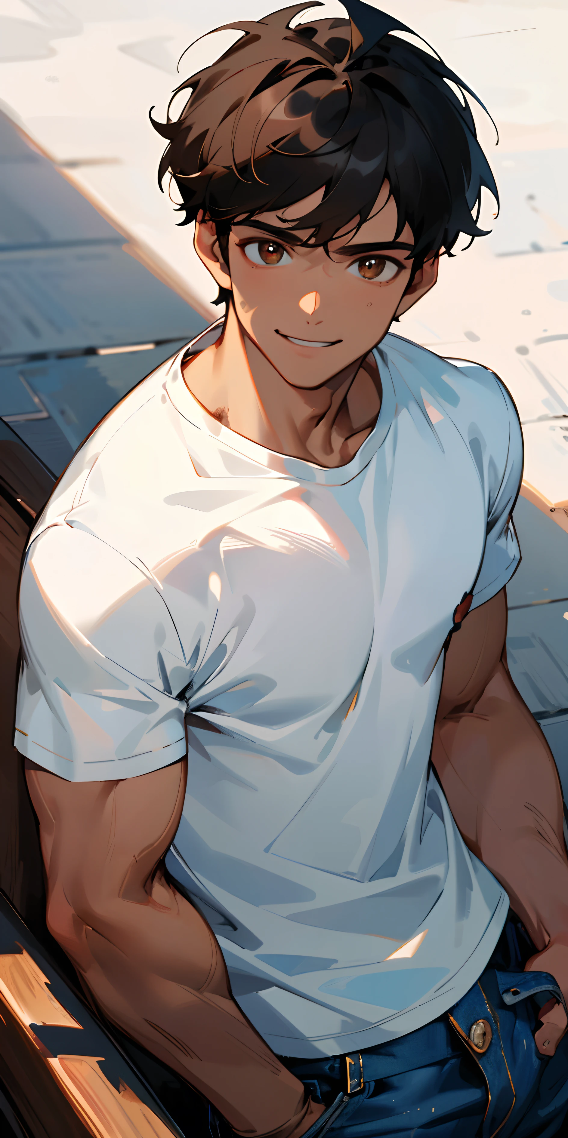 ((Retina)), masterpiece, anatomically correct, textured skin, super detail, high detail, high quality, best quality, highres, 4K, (Detailed Lights, Detailed Shadows), 1 man, Close-up,half body Portrait, (Half Body), Extremely Detailed Clothes, Detailed Skin,"In his 20s", "black pupils","black hair","t-shirt","white t shirt","jeans", man, brown skin, smiling