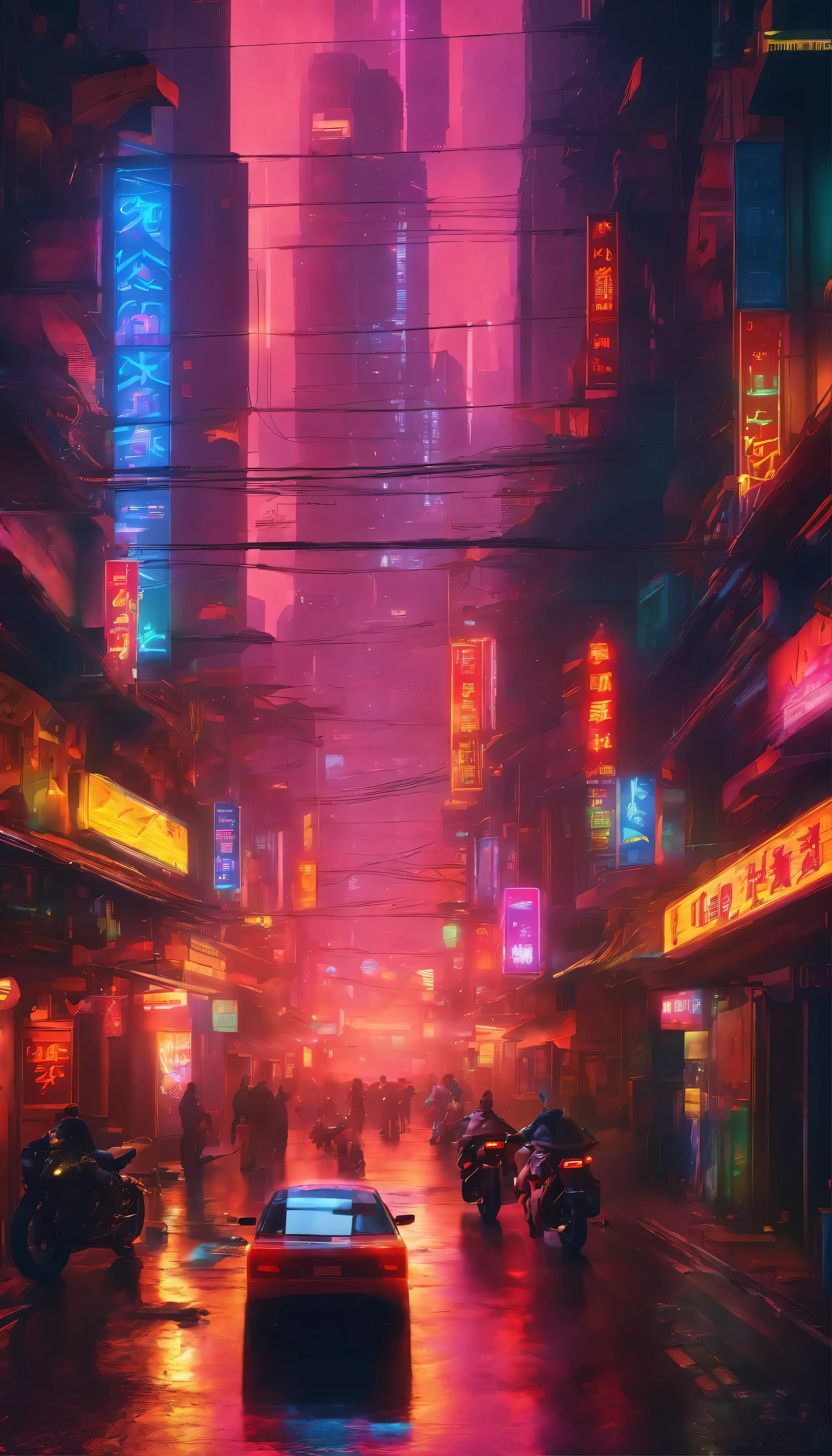 A breathtaking masterpiece of a futuristic cityscape unfolds、Features high detail and realistic elements。The cityscape、It is dominated by a deep canyon that runs through its centre.、The streets are lined with buildings that blend European architecture with cyberpunk design.。The complex bazaar is illuminated by the glow of neon signs.、It&#39;s a striking contrast to the rainy night.。 Sleek, futuristic motorcycles glide seamlessly through the city.、The frame reflects the rain-soaked city streets.。The cityscape is a mix of warm and cool colors.、Highlighting the city&#39;s unique mix。