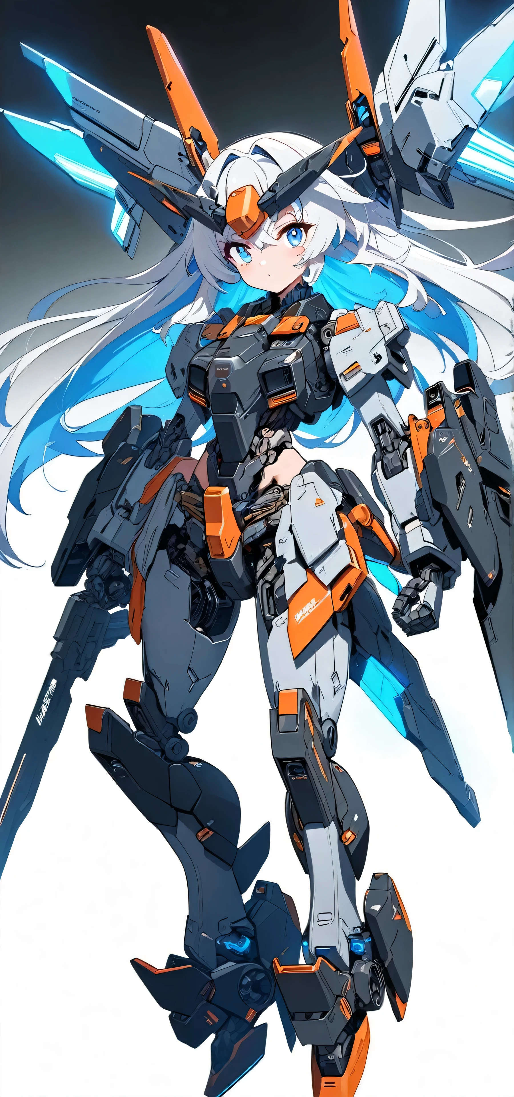 [(WHITE BACKGROUND:1.5)], (((masterpiece))), (whole body), 1girl, ((cyborg girl)), solo, white hair, long hair, Blue inner hair, Blue eyes, science fiction, (mecha musume:1.5), ((Assault type)), mechanical parts, orange headgear, mechanical wings and tails, ((mechanical Black HeavyArmor)), ((neon light Blue)), Anime style