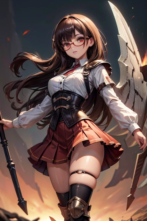 8K UHD, Digital SLR, Soft lighting, High quality, ((best quality)) ((best quality)), ((masterpiece)), (detailed), 4k image, anime style, fair caramel brown skin, beautiful age anime girl, black color A-line pleated skirt, white shirt, form-fitting old leather battle armor worn over skirt and shirt, battle armor, fair caramel brown skin, symmetrical face, plump lips, blood red vermillion eyes, thin circular frame transparent nerdy glasses, African looks, small breasts, toned thin slender body, small narrow waist, short height, waist length pixie cut hair, sleek dark red hair, hips, phoenix eyes, small nose, European style , white color sheer thigh-high stockings, low-top boots, fair caramel brown skin