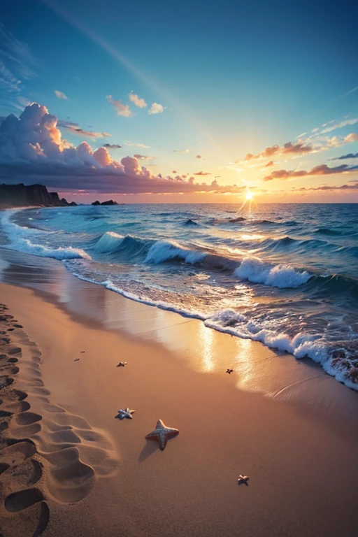 Hyper realistic 8k, ultra detailed, (Best Quality digital illustration Masterpiece of planet Earth in outer space), ((No Man)), (Beautiful planet Earth Illustration), (Beautiful Beach Shore), (Golden Sand), ((Waves in the distance)), (Bright Sun), (Hyperdetail, Dynamic Camera), (Wide Angle), (Celestial Lighting), (Vivid Colors and Saturation), (trending on artstation), ((beautiful sunrise)), (aqua colored water), seashells in the sand, starfish in the sand