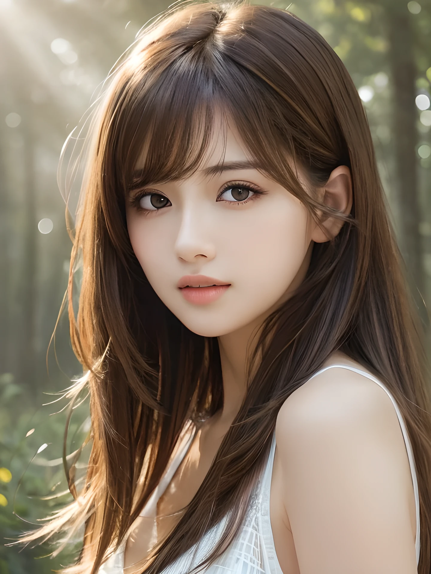 masterpiece, highest quality, High resolution, wallpaper, realistic, (bright lighting:1.4), professional lighting, face light, smooth lighting, 1 girl, Close-up, cute, sleepy, open mouth to say something, shy, Beautiful girl, gravure, sexy, super beautiful, beautiful skin, beautiful and detailed eyes、detailed face、slim、moderately, short hair, hair blown by the wind, brunette colored hair, brown eyes, Professional Photography, Bokeh, Portrait, The morning sunlight shines through the misty forest path.