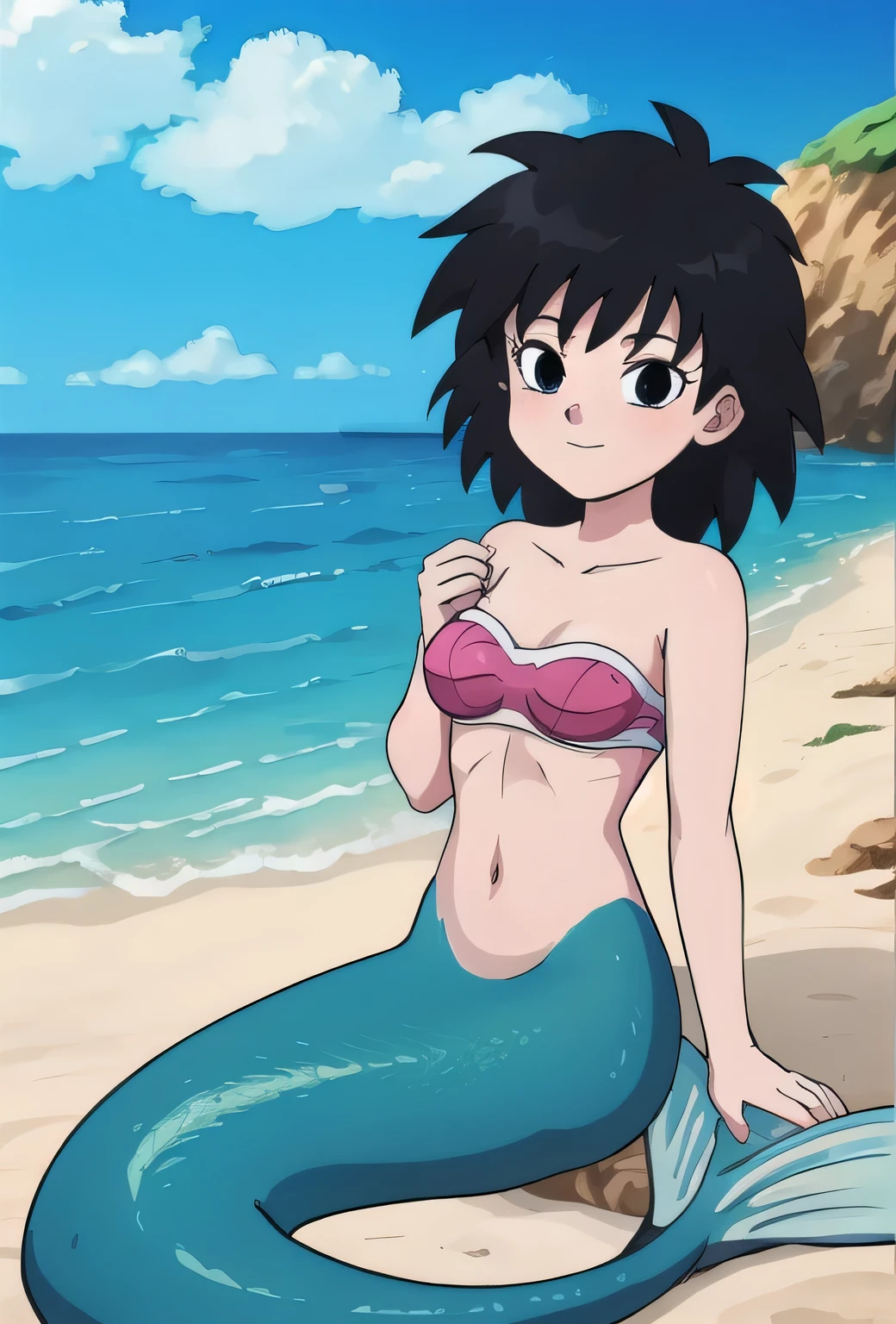 anime screencap, masterpiece, best quality, highres, outdoors, small breasts, gine, mermaid, spiky black hair, 1 girl, Solo, Black Eyes, Good hands are down, Smile, Blushing, Bare Neck, Bare Shoulders, strapless, aqua crop top, mermaid tail, scales on the mermaid’s tail, mermaid sitting on the beach, over the sea, beautiful, Cowboy shot. A landscape of the beach, sea, blue skies, sand beach. In the center. looking at viewers