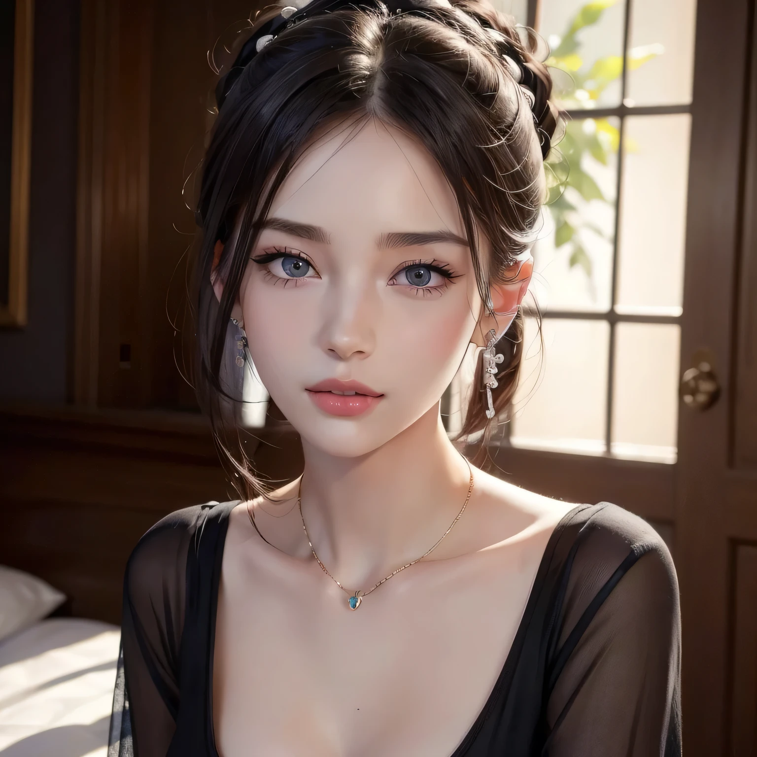 (best quality,4k,8k,highres,masterpiece:1.2), ultra-detailed, realistic:1.37, beautiful detailed eyes, beautiful detailed lips, extremely detailed eyes and face, long eyelashes, seductive gaze, pale skin turning pink, smile on her lips, messy bun hair tied in a black hairband, sexy woman with an alluring look, wearing alluring earrings, black v-neck t-shirt emphasizing her neck, captivating demeanor, enchanting expression, tempting charm, captivating beauty, elegance, seductive pose, beguiling presence.