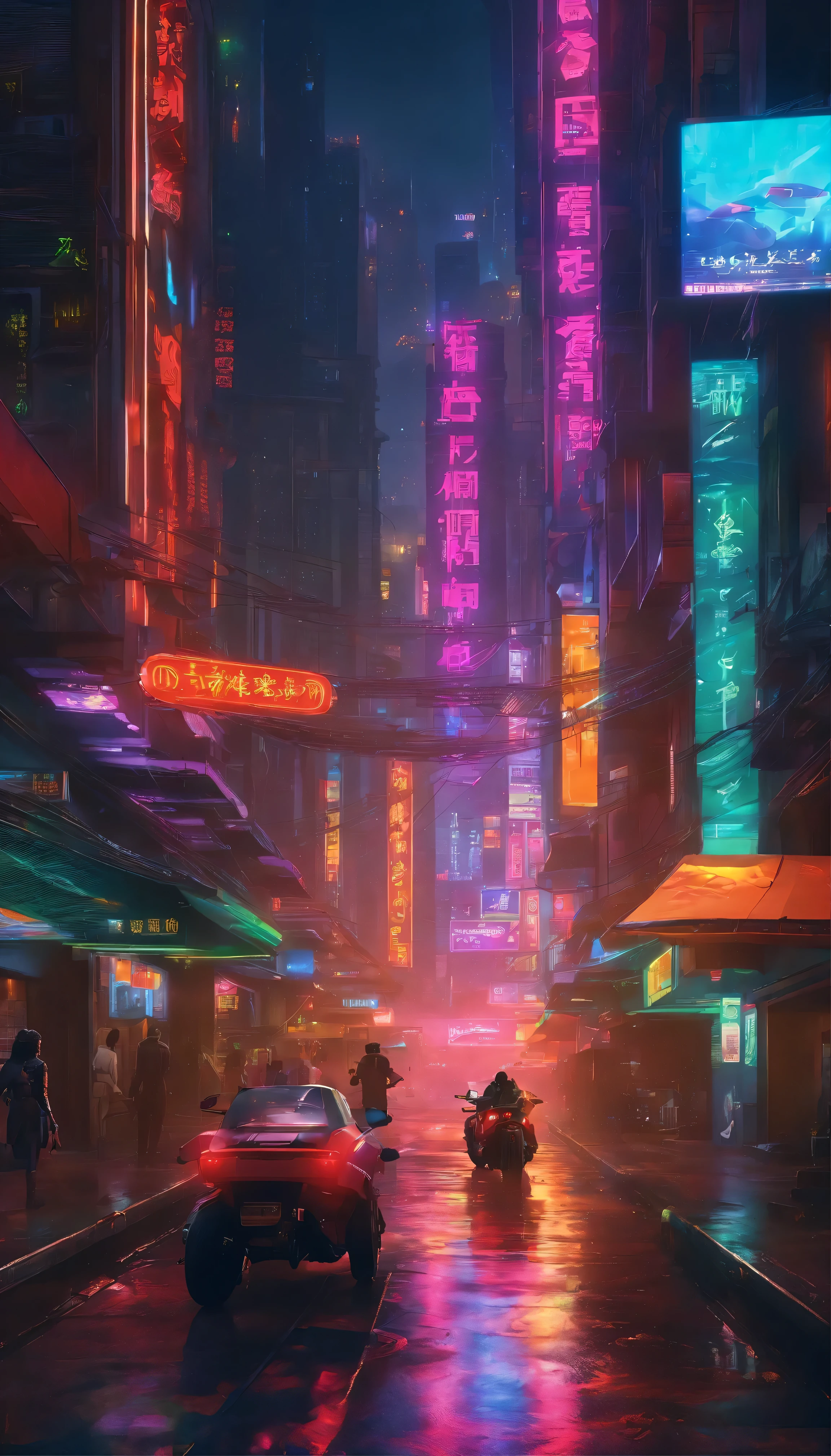 A breathtaking masterpiece of a futuristic cityscape unfolds、Features high detail and realistic elements。The cityscape、It is dominated by a deep canyon that runs through its centre.、The streets are lined with buildings that blend European architecture with cyberpunk design.。The complex bazaar is illuminated by the glow of neon signs.、It&#39;s a striking contrast to the rainy night.。 Sleek, futuristic motorcycles glide seamlessly through the city.、The frame reflects the rain-soaked city streets.。The cityscape is a mix of warm and cool colors.、Highlighting the city&#39;s unique mix。