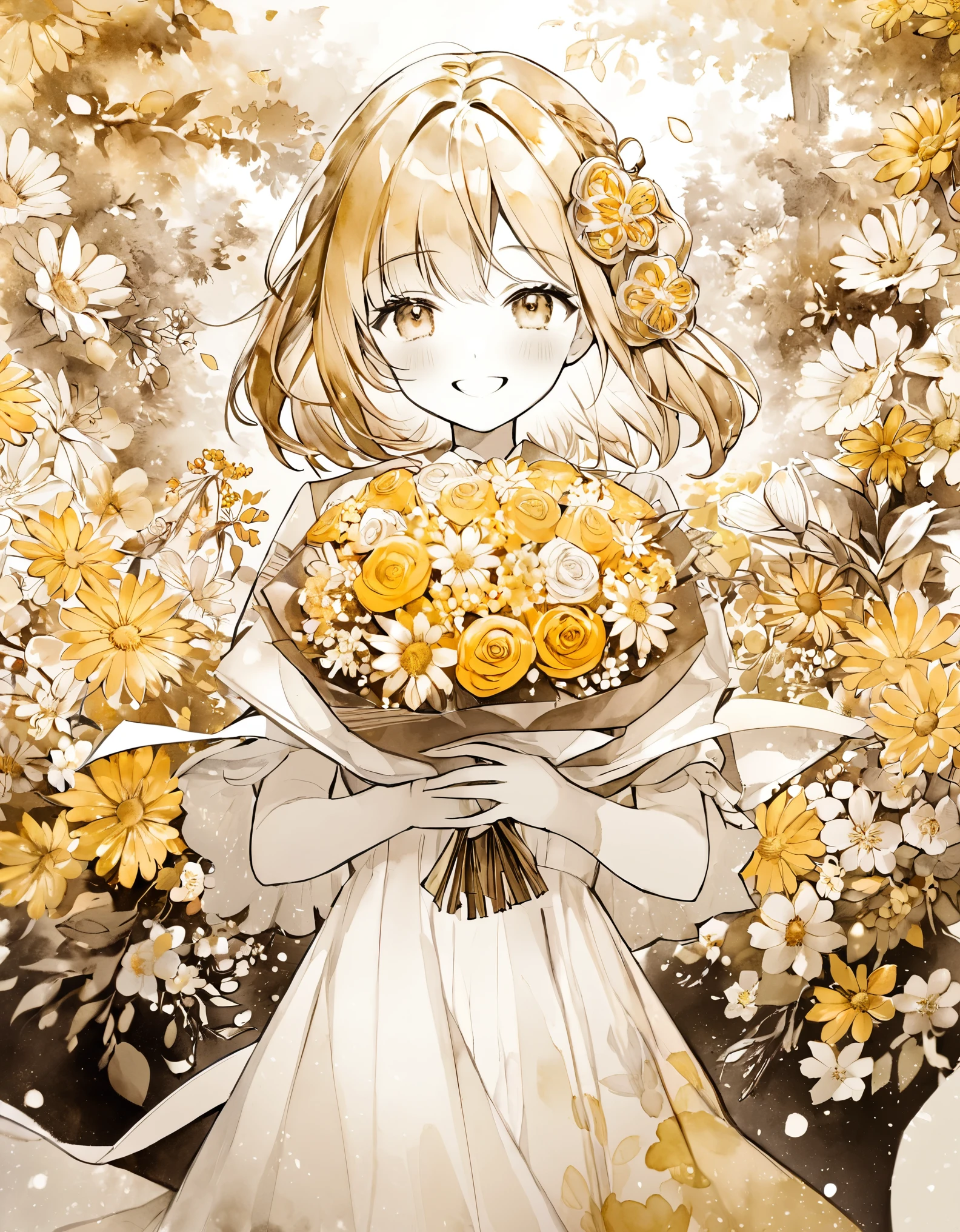 Monochrome, watercolor, High resolution, highest quality, highest quality, Paid reward available, High-quality illustrations, An unparalleled masterpiece, Perfect artwork, Absurd, One girl, Old-fashioned smile, Holding a golden bouquet in both hands, She is wearing a simple ring on her left ring finger., An unfocused expanse of golden flowers,