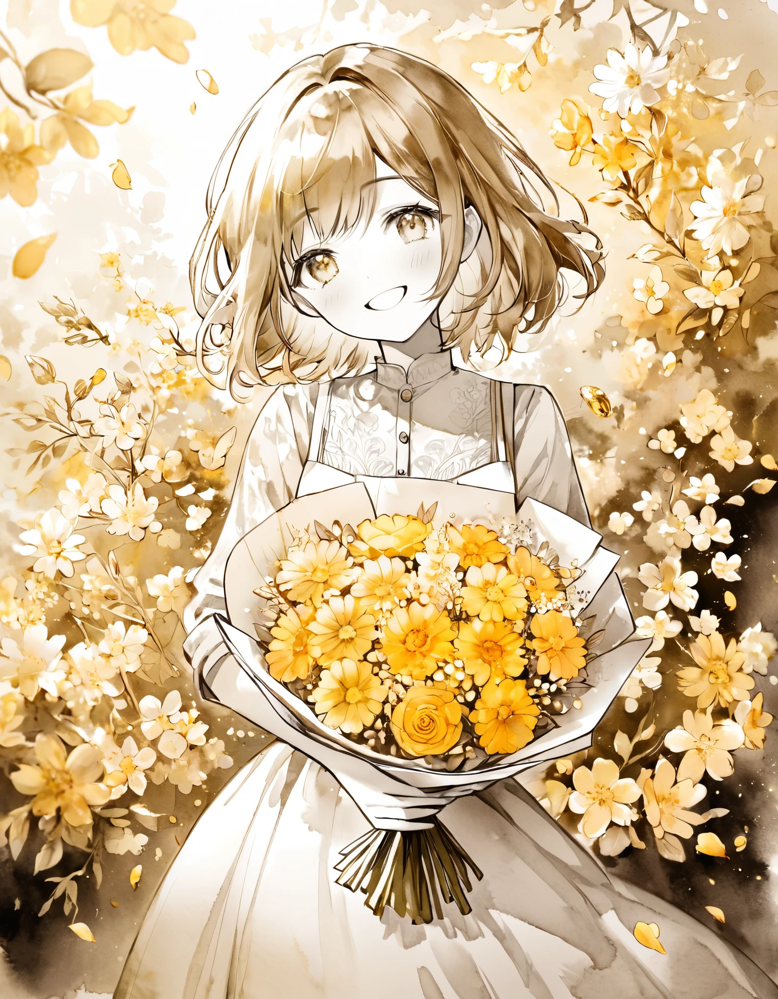 Monochrome, watercolor, High resolution, highest quality, highest quality, Paid reward available, High-quality illustrations, An unparalleled masterpiece, Perfect artwork, Absurd, One girl, Old-fashioned smile, Holding a golden bouquet in both hands, She is wearing a simple ring on her left ring finger., An unfocused expanse of golden flowers,