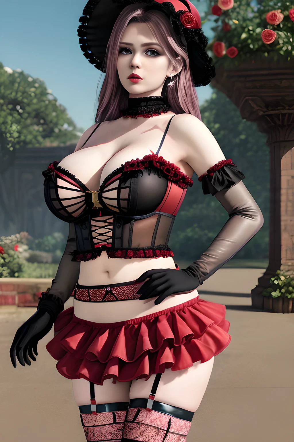 1 girl,BREAK (Royal:1.4), (red and black theme:1.5), ((red) bucket hat with rose corsage:1.4), (fusion of black high neck crop top and latex (red bustier):1.4), ((floral lace, see-through):1.3), ((sleeveless, bare shoulders):1.3), (red tiered skirt with black ruffles:1.4), ((ultra long gloves) with floral lace:1.3), (wrap a (cat garter) around thighs:1.4), outdoor,elegant,nighttime,moonlighe,shiny skin,( huge breasts), lip gloss,tattoos, masterpiece, best quality, realistic ,Surrealism,natural colors art in 8k,soft shadows,High-definition RAW color photos professional portrait photos,solo,  elise,