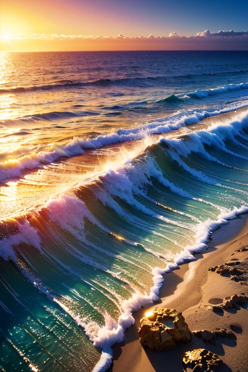 Hyper realistic 8k, ultra detailed, (Best Quality digital illustration Masterpiece of planet Earth in outer space), ((No Man)), (Beautiful planet Earth Illustration), (Beautiful Shore made of Gold Coins), (Golden Coins), ((Waves in the distance)), (Bright Sun), (Hyperdetail, Dynamic Camera), (Wide Angle), (Celestial Lighting), (Vivid Colors and Saturation), (trending on artstation), ((beautiful sunrise)), (aqua colored water)