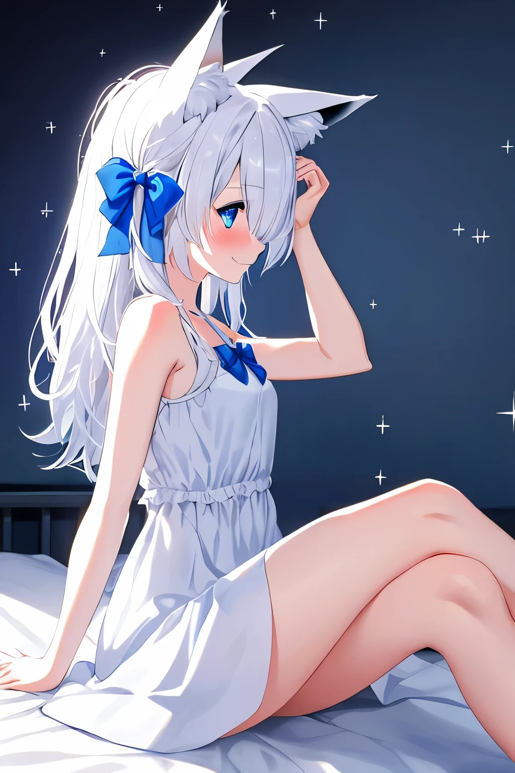1girl, fox ears, blue eyes, white hair, hair over one eye, from side, pov, sitting, bed sheet, light, nose blush, light smile, white dress, blue bow, sparkle,