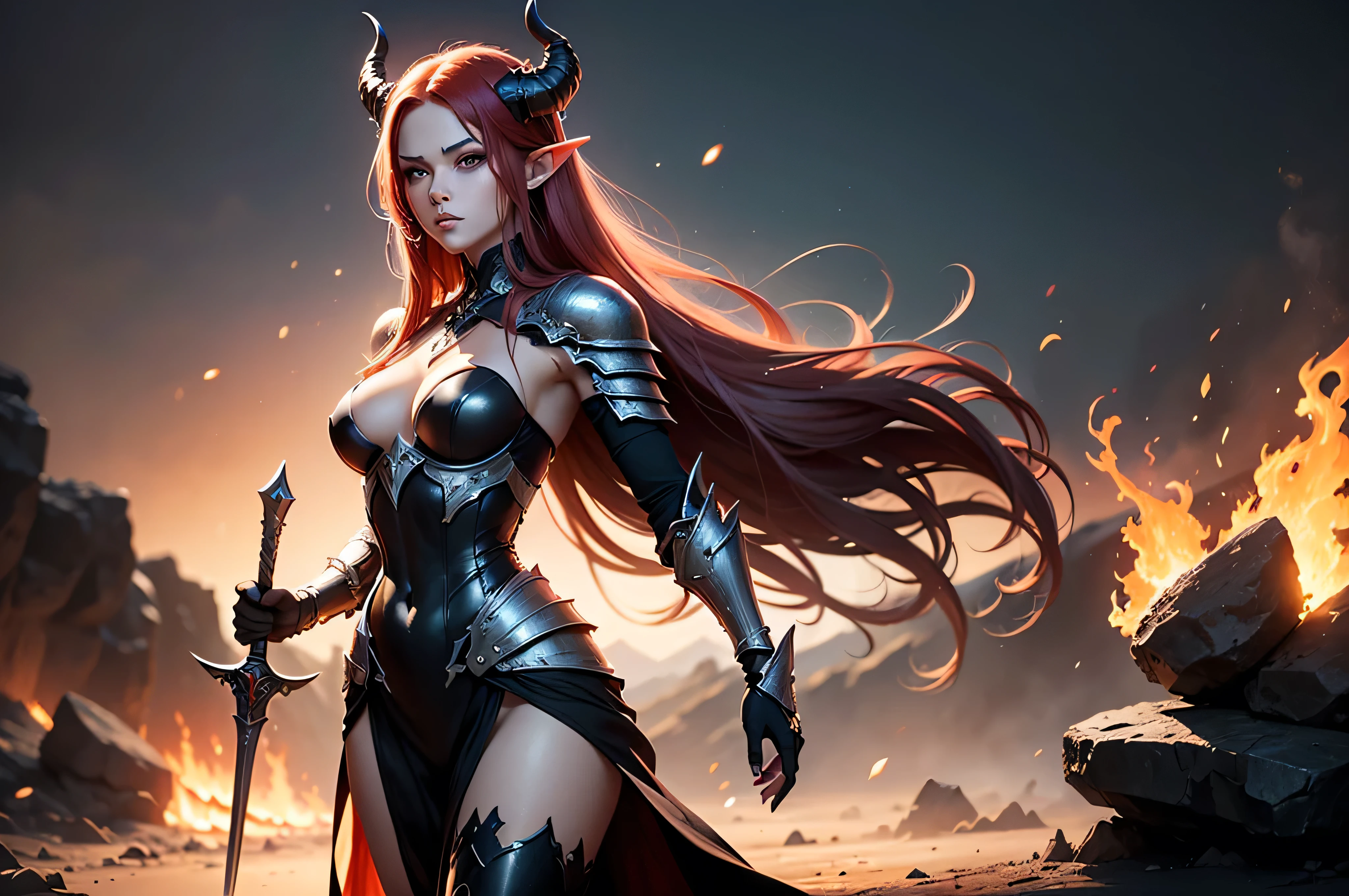Burning landscape with running lava there standing beatiful female hell knight, she have pale skin long red hair pair of long flaming horns, pointy ears with piercing and seductive make up , she dressed in sexy black bone plate armor with burning pieces, and melting sword in her hand, (ultra high quality fantasy art, dafk fantasy style, masterpiece, ultra highquality character design, 8k quality anime art, realistic anime art, top quality wallpaper illustration, detailed ultra high quality acurate face, highquality design and acurate physic)