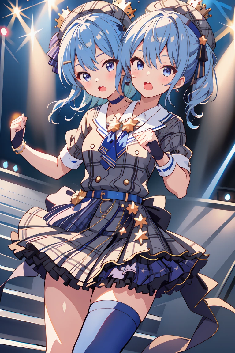 (masterpiece, best quality), best resolution, 16k, (2heads:1.5), close-up, 1girl, solo, HoshimachiSuisei, side ponytail, blue hair ribbon, SuiseiBase, plaid beret, crown, blue star choker, star earrings, blue ascot, plaid jacket, plaid skirt, layered skirt, partially fingerless gloves, star bracelet, uneven legwear, thigh strap, (standing, stand straight), look at viewer, ((own hands together, praying hangs)), (cheek-to-cheek), singing, open mouth, stable, concert stage, starfield, spotlight