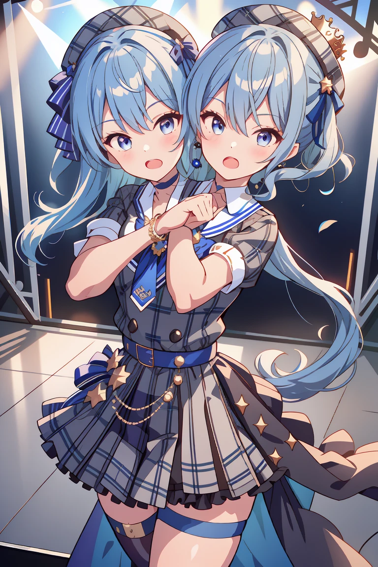 (masterpiece, best quality), best resolution, 16k, (2heads:1.5), close-up, 1girl, solo, HoshimachiSuisei, side ponytail, blue hair ribbon, SuiseiBase, plaid beret, crown, blue star choker, star earrings, blue ascot, plaid jacket, plaid skirt, layered skirt, partially fingerless gloves, star bracelet, uneven legwear, thigh strap, (standing, stand straight), look at viewer, ((own hands together, praying hangs)), (cheek-to-cheek), singing, open mouth, stable, concert stage, starfield, spotlight