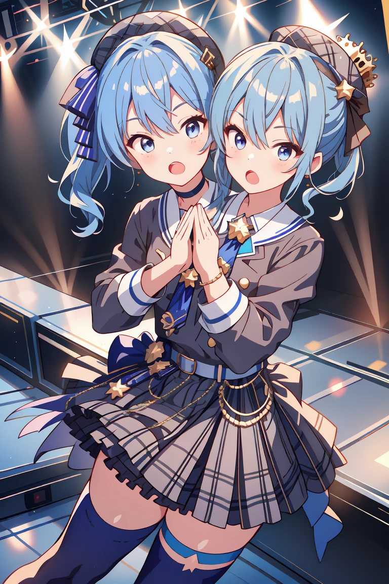 (masterpiece, best quality), best resolution, 16k, (2heads:1.5), close-up, 1girl, solo, HoshimachiSuisei, side ponytail, blue hair ribbon, SuiseiBase, plaid beret, crown, blue star choker, star earrings, blue ascot, plaid jacket, plaid skirt, layered skirt, partially fingerless gloves, star bracelet, uneven legwear, thigh strap, (standing, stand straight), look at viewer, ((own hands together, praying hangs)), (cheek-to-cheek), singing, open mouth, stable, concert stage, starfield, spotlight