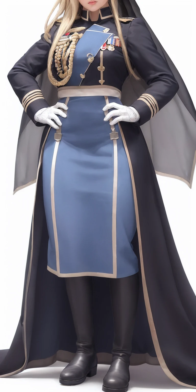 ((white background)) full body of a woman in a dress with a veil, feet together, standing feet together, military boots, olivier_mira_armstrong, blue uniform, high res, sharp focus, pixiv masterpiece ((intricate details)) highly detailed, hands on hips