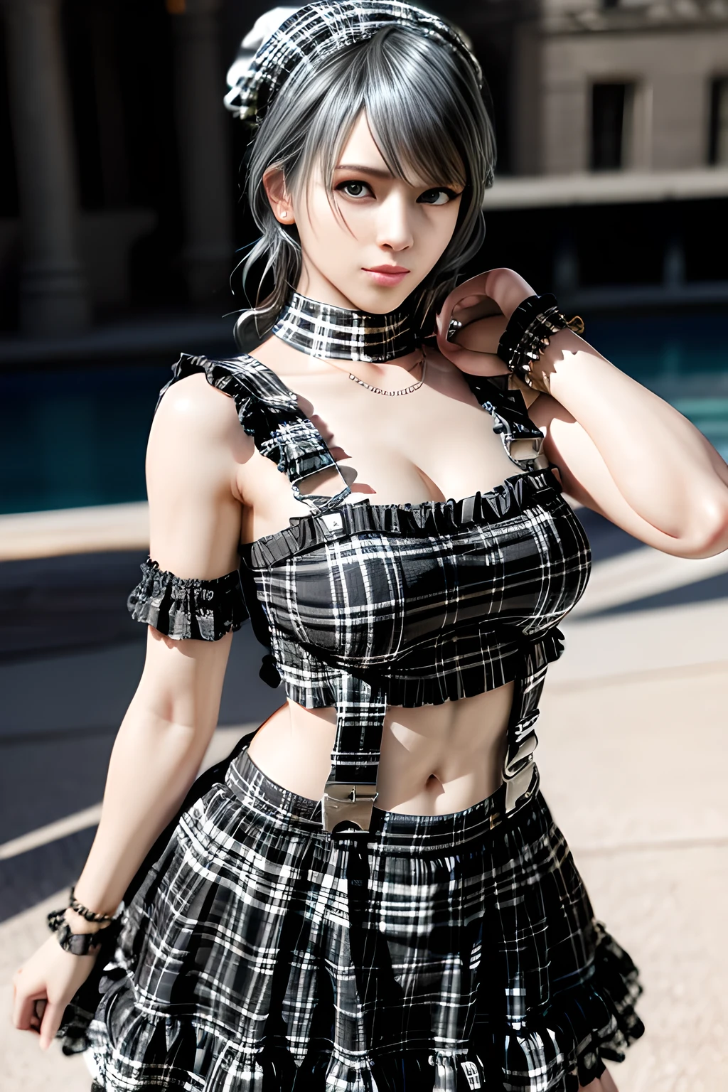 1girl, BREAK (black and white theme:1.4),  (sleeveless black and white [plaid pattern] sundress:1.4), (bare shoulders:1.3), (suspenders with frills:1.2), (tiered skirt with ruffles:1.3), (knit arm warmers:1.3),  , appealing cleavage,( beautiful tattoo:1.2), overhead view, beautiful detailed eyes, beautiful detailed lips, extremely detailed eyes and face, long eyelashes, feminine charm, detailed texture, snug fit, fashionable, soft fabric, radiant skin, (best quality,4k,8k,highres,masterpiece:1.2), ultra-detailed, (realistic,photorealistic,photo-realistic:1.37), tamaki