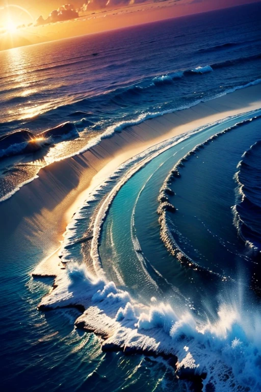 Hyper realistic 8k, ultra detailed, (Best Quality digital illustration Masterpiece of planet Earth in outer space), ((No Man)), (Beautiful planet Earth Illustration), (Beautiful Shore full of treasure), (treasure island), ((Waves in the distance)), (Bright Sun), (Hyperdetail, Dynamic Camera), (Wide Angle), (Celestial Lighting), (Vivid Colors and Saturation), (trending on artstation), ((beautiful sunrise)), (aqua colored water)