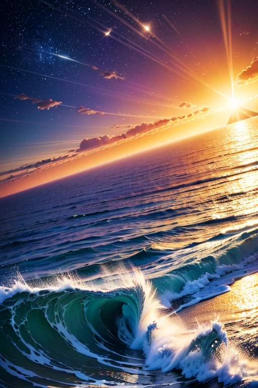 Hyper realistic 8k, ultra detailed, (Best Quality digital illustration Masterpiece of planet Earth in outer space), ((No Man)), (Beautiful planet Earth Illustration), (Beautiful Shore full of treasure), (treasure island), ((Waves in the distance)), (Bright Sun), (Hyperdetail, Dynamic Camera), (Wide Angle), (Celestial Lighting), (Vivid Colors and Saturation), (trending on artstation), ((beautiful sunrise)), (aqua colored water)
