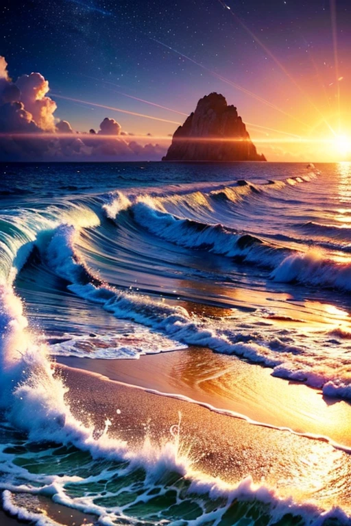 Hyper realistic 8k, ultra detailed, (Best Quality digital illustration Masterpiece of planet Earth in outer space), ((No Man)), (Beautiful planet Earth Illustration), (Beautiful Shore full of treasure), (treasure island), ((Waves in the distance)), (Bright Sun), (Hyperdetail, Dynamic Camera), (Wide Angle), (Celestial Lighting), (Vivid Colors and Saturation), (trending on artstation), ((beautiful sunrise)), (aqua colored water)