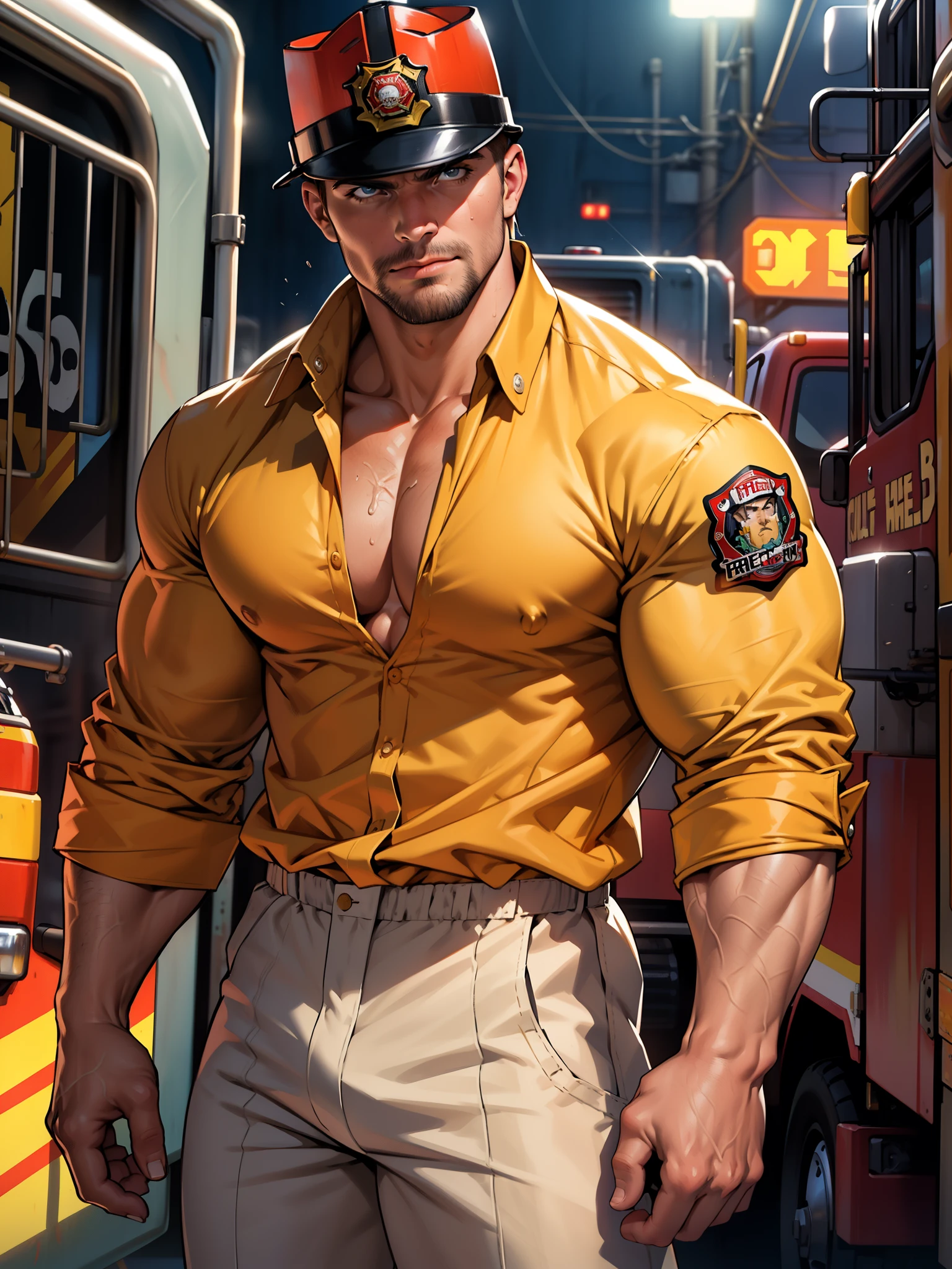 masterpiece, best quality, face, natural eyes, 1man, macho man,, muscled and mature, stephen amell as a firefighter wearing totally unbuttoned firefighter suit, sweating, tight cloth showing his muscles and bulge , full body , background station , truck , equipment 