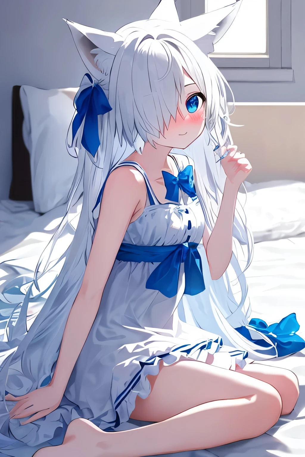 1girl, fox ears, blue eyes, white hair, hair over one eye, from side, pov, sitting, bed sheet, light, nose blush, light smile, white dress, blue bow, sparkle,