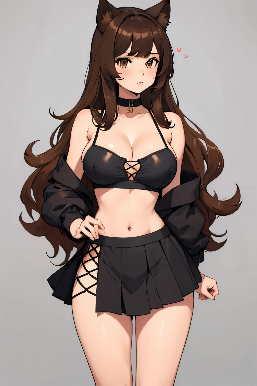girl with large chest, long brown wavy hair, long bangs, brown eyes, full body, collar, cat ears, long brown wavy side bangs, wearing black bikini with mesh skirt