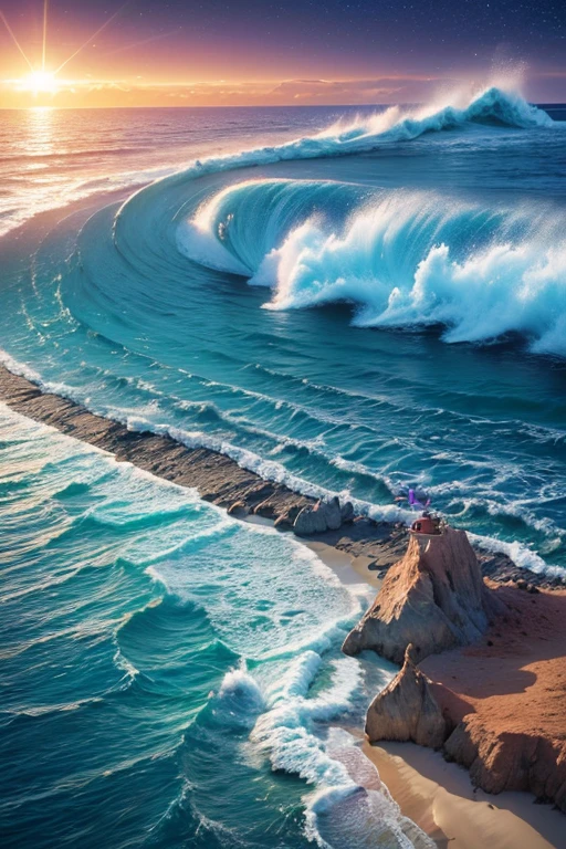 Hyper realistic 8k, ultra detailed, (Best Quality digital illustration Masterpiece of planet Earth in outer space), ((No Man)), (Beautiful planet Earth Illustration), (Beautiful Shore full of treasure), (treasure island), ((Waves in the distance)), (Bright Sun), (Hyperdetail, Dynamic Camera), (Wide Angle), (Celestial Lighting), (Vivid Colors and Saturation), (trending on artstation), ((beautiful sunrise)), (aqua colored water)