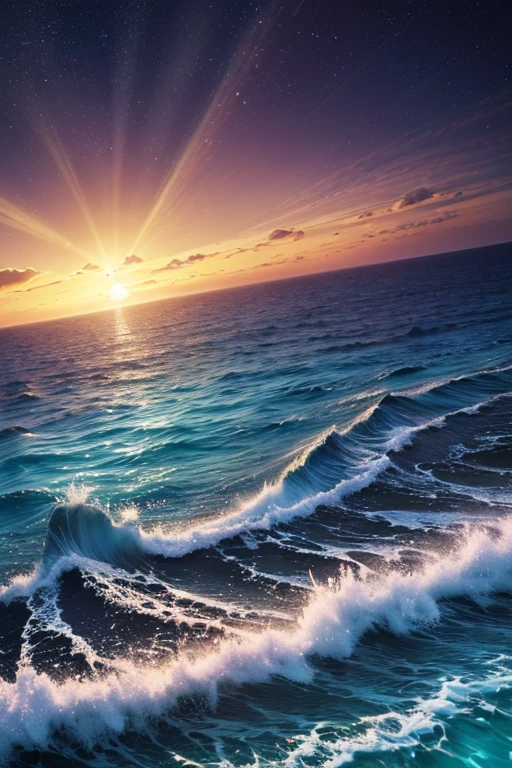 Hyper realistic 8k, ultra detailed, (Best Quality digital illustration Masterpiece of planet Earth in outer space), ((No Man)), (Beautiful planet Earth Illustration), (Beautiful Shore full of treasure), (treasure island), ((Waves in the distance)), (Bright Sun), (Hyperdetail, Dynamic Camera), (Wide Angle), (Celestial Lighting), (Vivid Colors and Saturation), (trending on artstation), ((beautiful sunrise)), (aqua colored water)