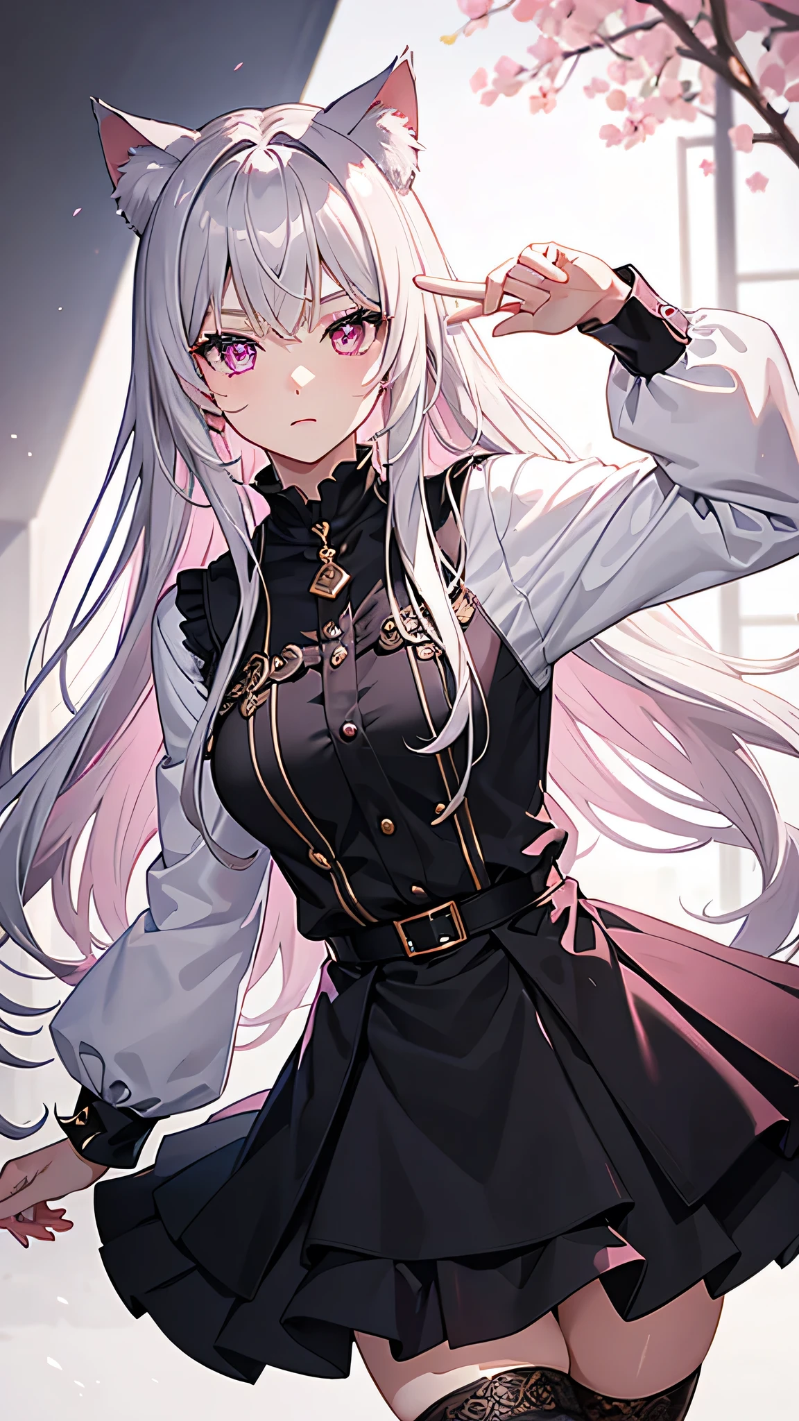 masterpiece,highest quality,Highly detailed face,fine grain,Sparkling eyes,Highlighted eyes,Medium chest,pretty girl,Shy expression,Cat ear,Beautiful silver hair,Pink inside,Beautiful pink eyes,Oversized shirt、skirt、black tights