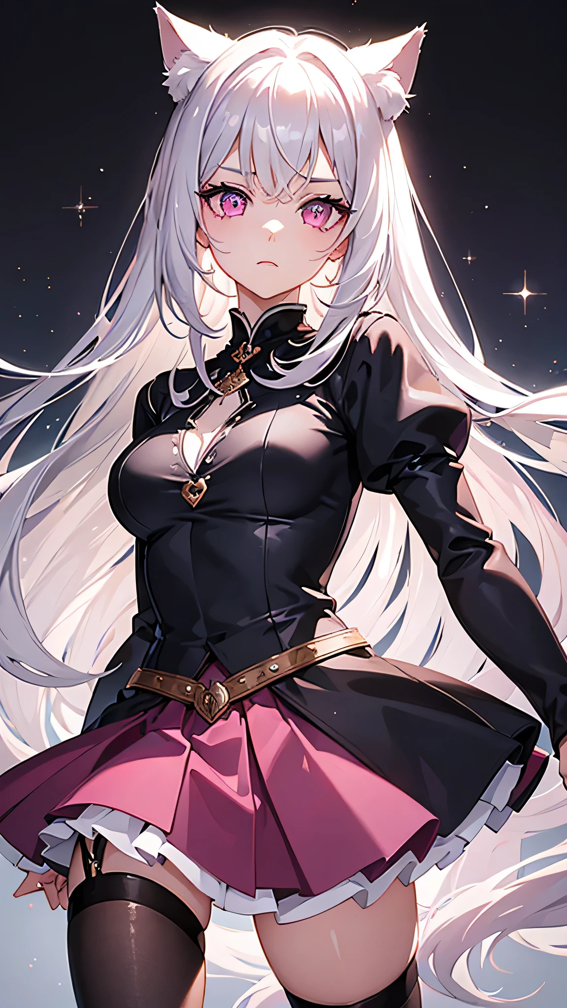 masterpiece,highest quality,Highly detailed face,fine grain,Sparkling eyes,Highlighted eyes,Medium chest,pretty girl,Shy expression,Cat ear,Beautiful silver hair,Pink inside,Beautiful pink eyes,Oversized shirt、skirt、black tights