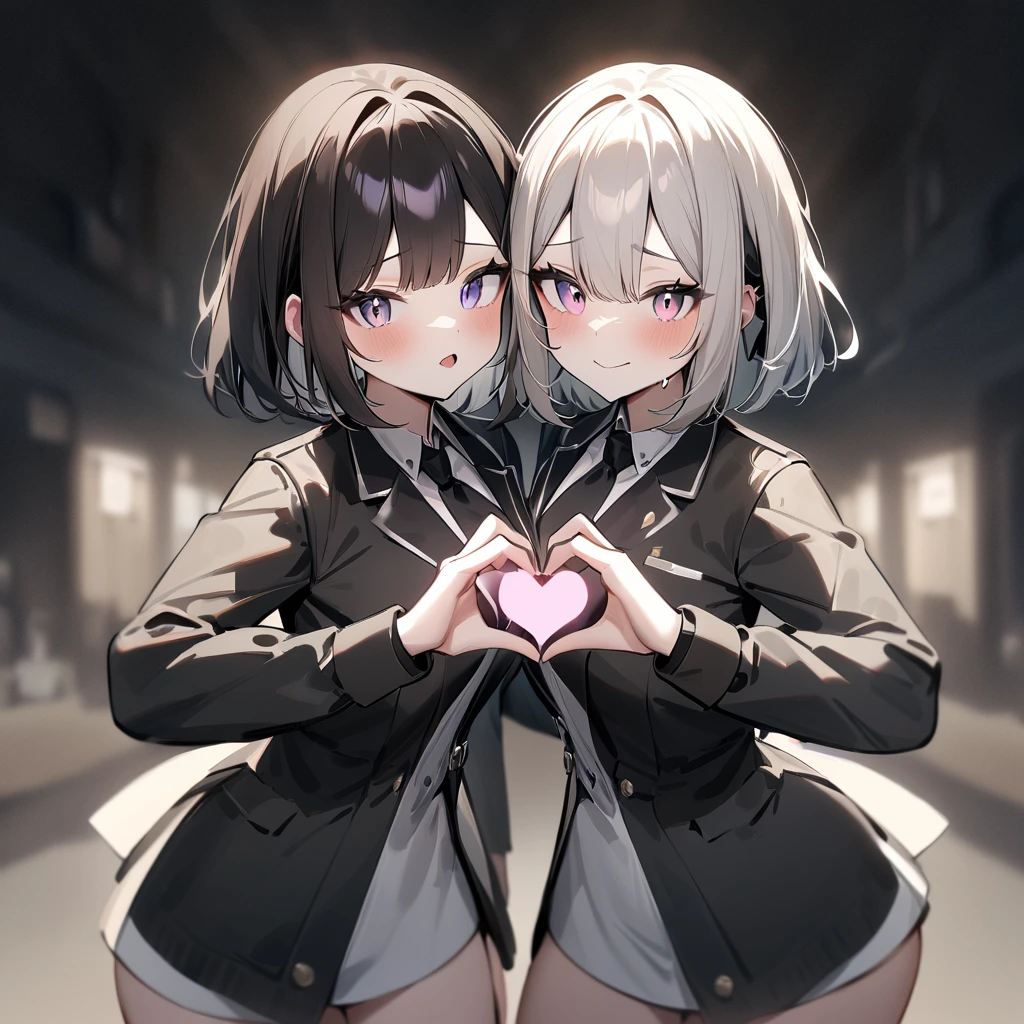 {{2girls}},masterpiece,best quality,very aesthetic,absurdres,cowboy shot,lightcolor,darkcolor,heart_hands_duo,light hair,dark hair,