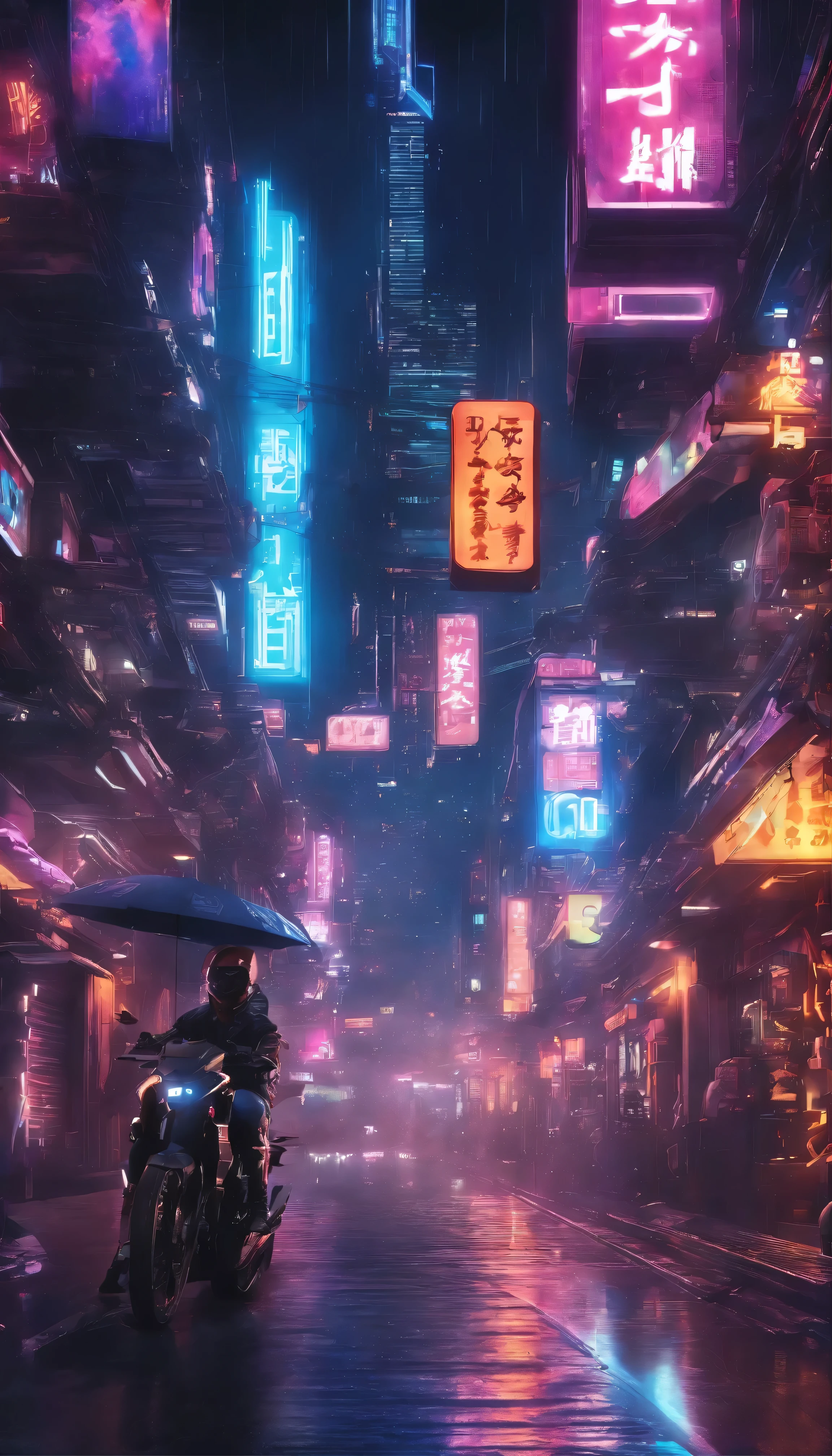 A breathtaking masterpiece of a futuristic cityscape unfolds、Features high detail and realistic elements。The cityscape、It is dominated by a deep canyon that runs through its centre.、The streets are lined with buildings that blend European architecture with cyberpunk design.。The complex bazaar is illuminated by the glow of neon signs.、It's a striking contrast to the rainy night.。 Sleek, futuristic motorcycles glide seamlessly through the city.、The frame reflects the rain-soaked city streets.。The cityscape is a mix of warm and cool colors.、Highlighting the city's unique mix。