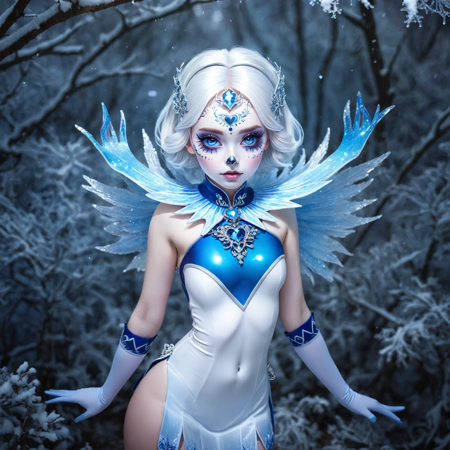 ((best quality)), ((official art)), ((masterpiece)), textile shading, ((ultra-detailed)), solo, full color, (1girl, solo, bssmsuperoutfit, circlet, white leotard,,blue sailor collar, sleeveless, heart brooch, miniskirt, white gloves, hairstyle, hairlength , detailed face, (full body:1.1)), (in nature) (best quality, highres, ice skull:1.1), ice skull, girl style, thick body art, detailed facial features, icy blue eyes, glossy lips, long eyelashes, porcelain skin, blue and silver color scheme, intricate skull design, realistic texture, vibrant colors, elaborate background, mysterious atmosphere, frozen garden, snow-covered trees, sparkling ice crystals, surreal lighting, fantasy elements