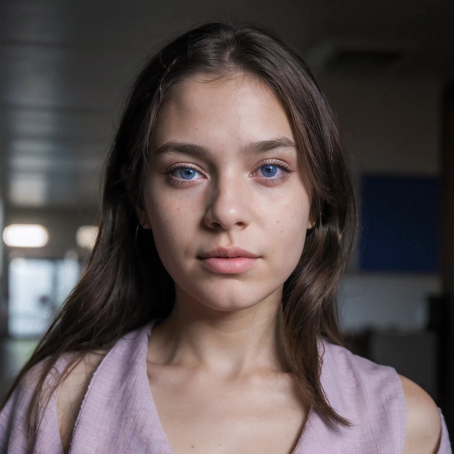 photo of a college student，9 , in Purple Pink, futuristic cotton and linen, (freckles:0.8) cute face, sci-fi, dystopian, detailed eyes, cobalt blue eyes（（High nose bridge））Disco bar