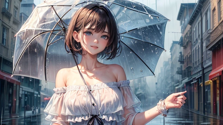 ((highest quality, 8K, masterpiece:1.3)), concentrated: 1.2, Perfect body beauty: 1.4, Hips: 1.2, ((Layered Haircut, chest: 1.2)), (Wet clothes: 1.1), (rain, street:1.3), Bandeau dress: 1.1, Highly detailed face and skin texture, Fine grain, double eyelid, Whitening skin, Long Hair, (shut up: 1.3), smile