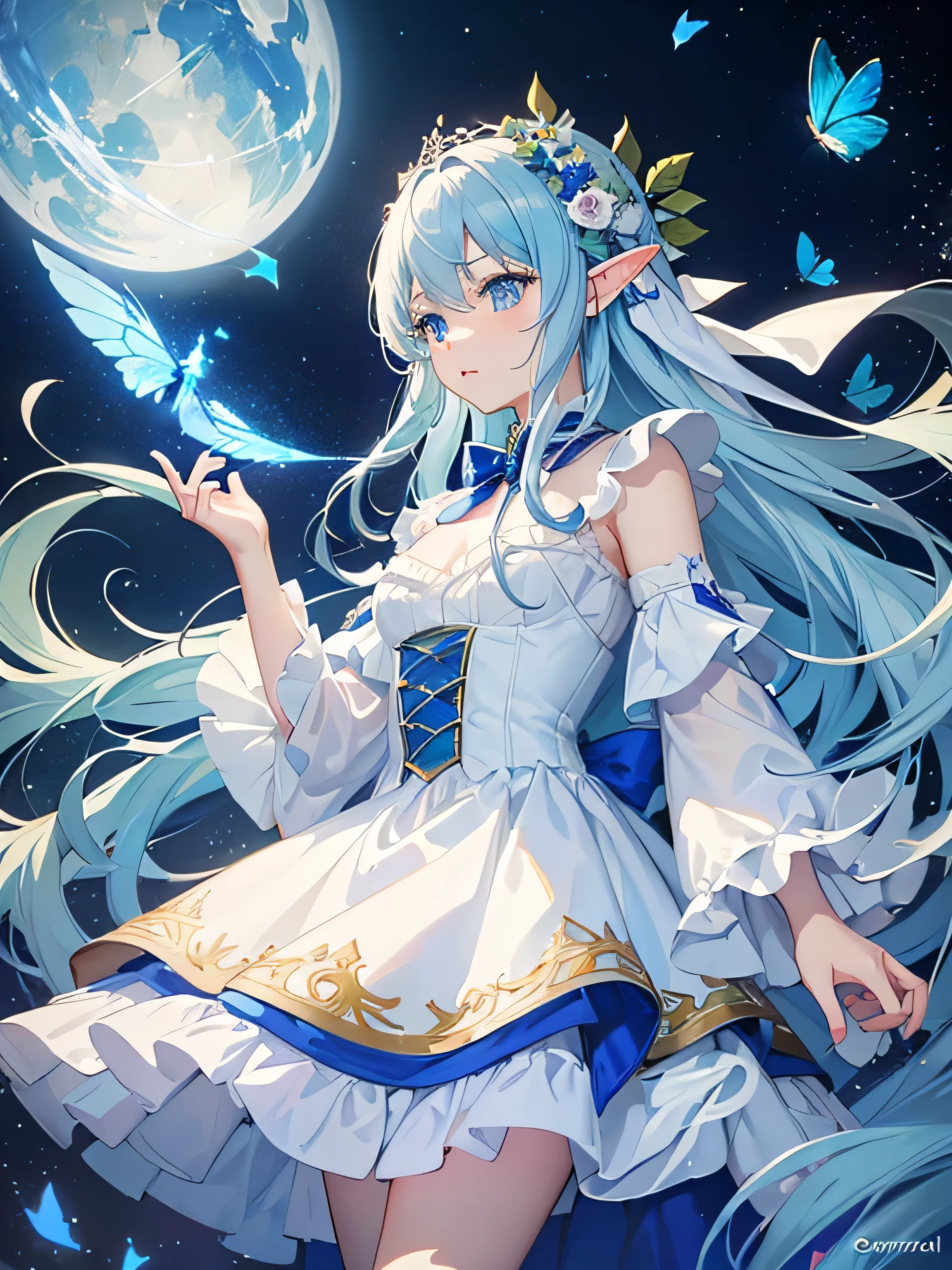art by Cornflower,(top-quality),(master piece),((elf)),1 girl,light blue long hair,blue ribbon hair ornamen,blue eyes,white clothes with blue decorations,many glowing white butterflies, night sky, magic light,high fantasy,anime art wallpaper 4k, beautiful anime artwork, beautiful anime art, beautiful fantasy anime, anime,(high contrast)