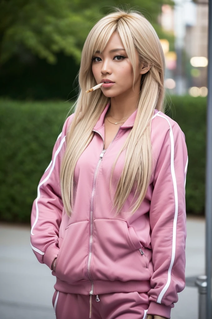 gyaru, dark-skinned, shiny oiled skin, blond hair, wearing pink tracksuits, smoking cigarettes, in the night park