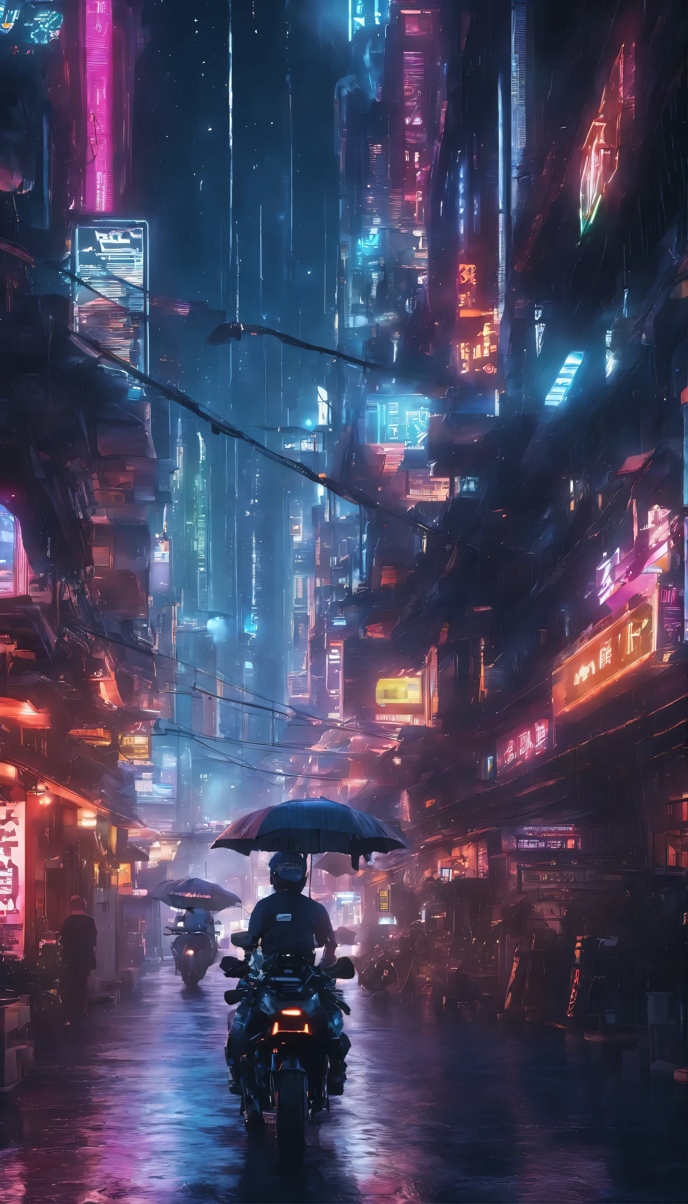 A breathtaking masterpiece of a futuristic cityscape unfolds、Features high detail and realistic elements。The cityscape、It is dominated by a deep canyon that runs through its centre.、The streets are lined with buildings that blend European architecture with cyberpunk design.。The complex bazaar is illuminated by the glow of neon signs.、It's a striking contrast to the rainy night.。 Sleek, futuristic motorcycles glide seamlessly through the city.、The frame reflects the rain-soaked city streets.。The cityscape is a mix of warm and cool colors.、Highlighting the city's unique mix。