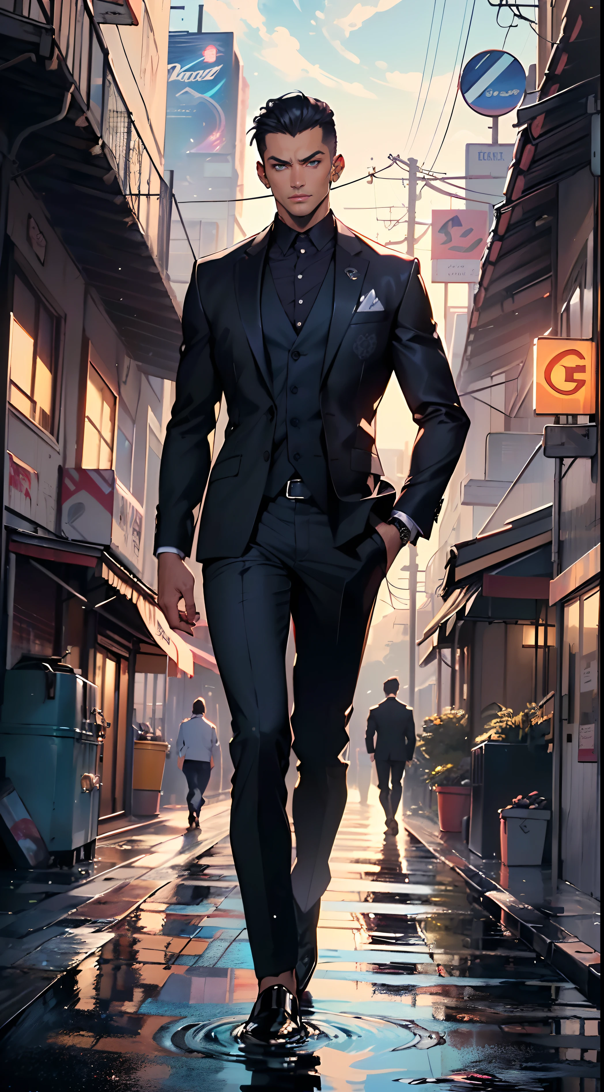 man:1.5,1 man,businessman man,(((1man))),((man with black short hair)),
(((1male,man:1.5,handsome man,male,male gender:1.5,male focus))),macho man,attractive villain,
((slicked back hair, slicked back hair,black short haircut,)),(((lustrous skin:1.5,tanned skin,bright skin: 1.5,skin tanned,shiny skin,very shiny skin,shiny body,illuminated skin))),(((blue_eyes:1.2))),intricate eyes,beautiful detailed eyes,symmetrical eyes,((man chest)),handsome face,((muscular)),male jaw,(((detailed face))),
manly,nsfw,
cyberpunk businessman, ((Business suit:1.5)), futuristic businessman,((bulge in pants)),((dark purple and black suit:1.2)),(elegant suit),((wet clothes,intricate outfit,intricate clothes,intricate suit,ornate outfit)),
(dynamic pose:1.0),solo focus,((smug)),(centered,scale to fit dimensions,Rule of thirds),
cyberpunk city by the ocean at night, with bright neon signs and dark stormy clouds and puddles, scenery:1.25,
highres, sharp focus, (ultra detailed, extremely detailed), (photorealistic artwork:1.37),(extremely detailed CG unity 8k wallpaper),((synthwave background theme)),(((vibrant colors))),(intricate background),(masterpiece),(best quality),