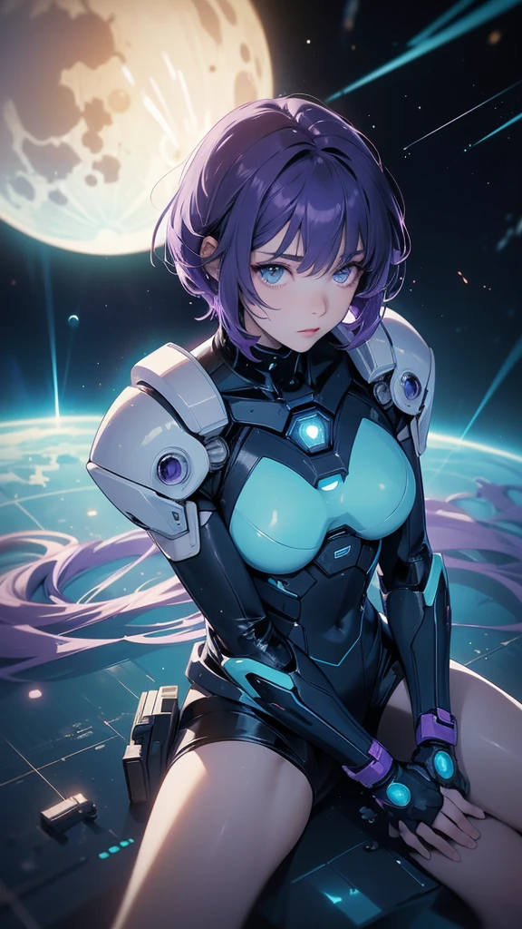 masterpiece, best quality, anime girl in tight hightech cyberpunk space suit, few armor parts in shoulder, arms, legs, no helmet, short purple hair, teal eyes, medium , view from above, space full of stars, planet, moon, and other space effects background, light aura, some fog, light effects.