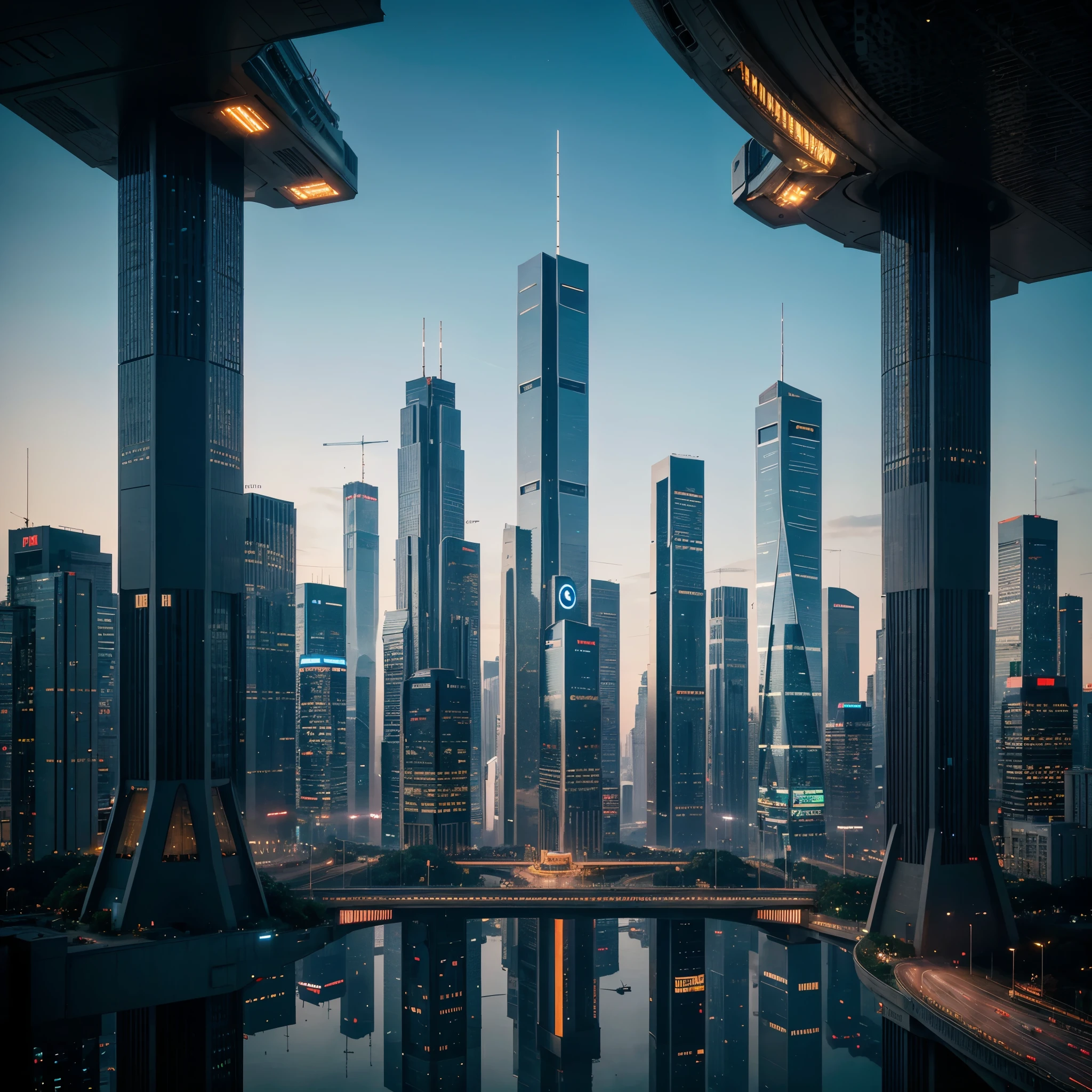 Create an image of a large futuristic city with towering skyscrapers and advanced technologies. In the center of the image, prominently feature a monumental structure displaying the PI Network symbol, illuminated and highly visible from afar. Ensure the PI Network symbol is a focal point of the image. The landscape should include futuristic elements like flying vehicles, suspended bridges, and neon lighting, reflecting the grandeur and technological progress of the city.