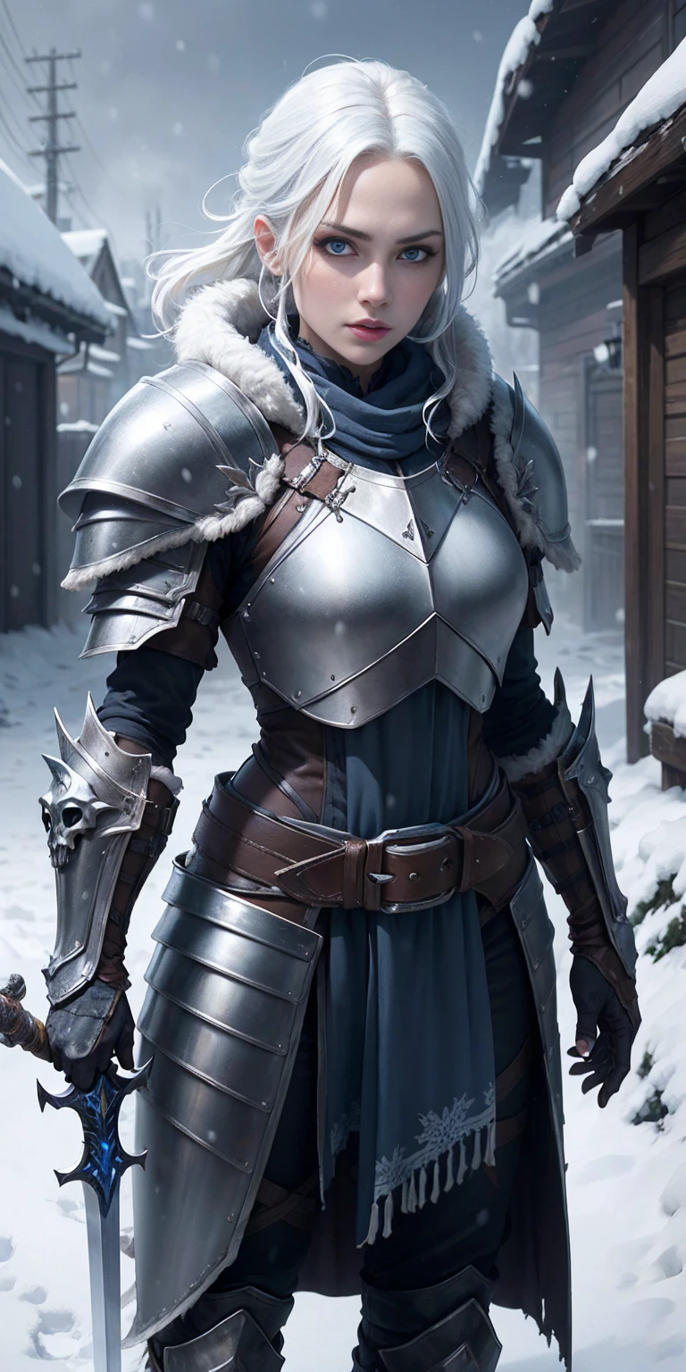 1sologirl, plate armor, leather, skull armor, environment, scenery, snowing, winter, dark theme, white hair, engrave metal armor, belt, wowdk, frostmourne (sword) glowing eyes