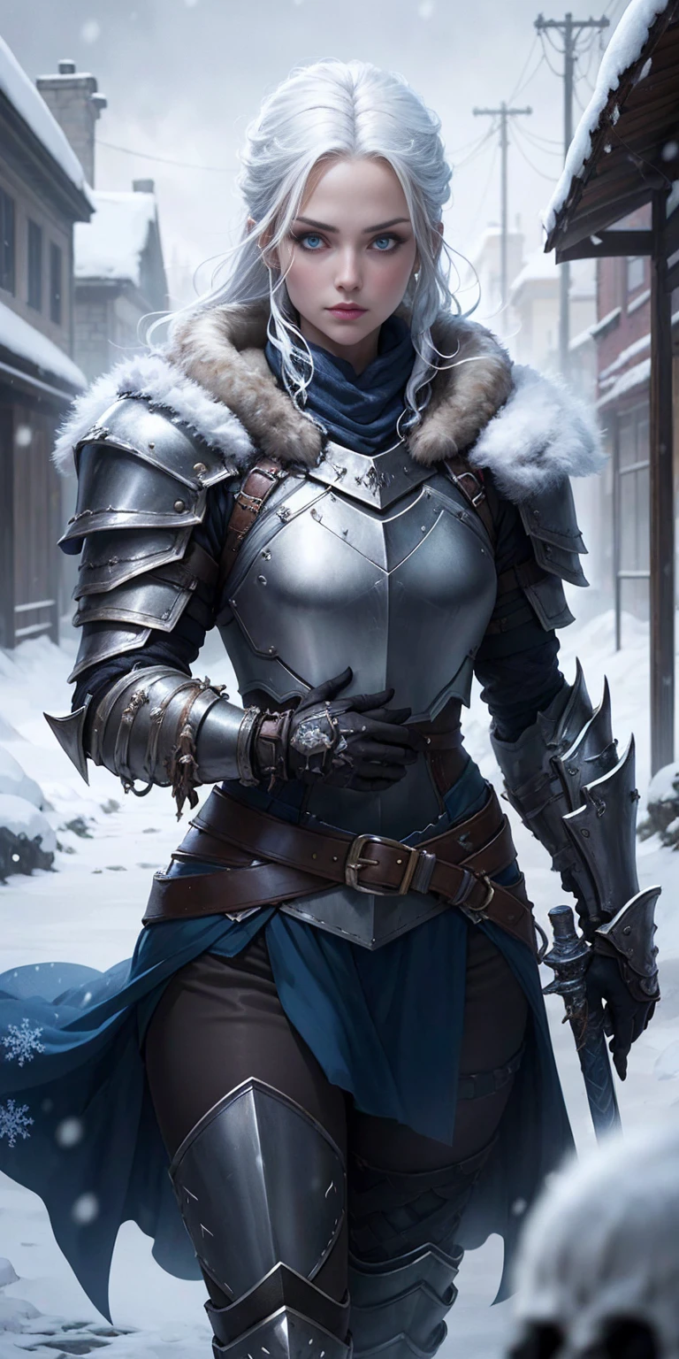 1sologirl, plate armor, leather, skull armor, environment, scenery, snowing, winter, dark theme, white hair, engrave metal armor, belt, wowdk, frostmourne (sword) glowing eyes