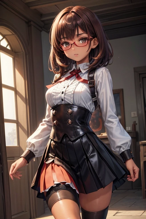 8K UHD, Digital SLR, Soft lighting, High quality, ((best quality)) ((best quality)), ((masterpiece)), (detailed), 4k image, anime style, fair caramel brown skin, beautiful teenage anime girl, black color A-line pleated skirt, black leather tights underneath, white shirt, form-fitting old leather battle armor worn over skirt and shirt, battle armor, fair caramel brown skin, symmetrical face, plump lips, blood red vermillion eyes, thin circular frame transparent nerdy glasses, African looks, small breasts, toned thin slender body, small narrow waist, short height, waist length pixie cut hair, sleek dark red hair, hips, phoenix eyes, small nose, European style , white color sheer hold up stockings, low-top boots, fair caramel brown skin