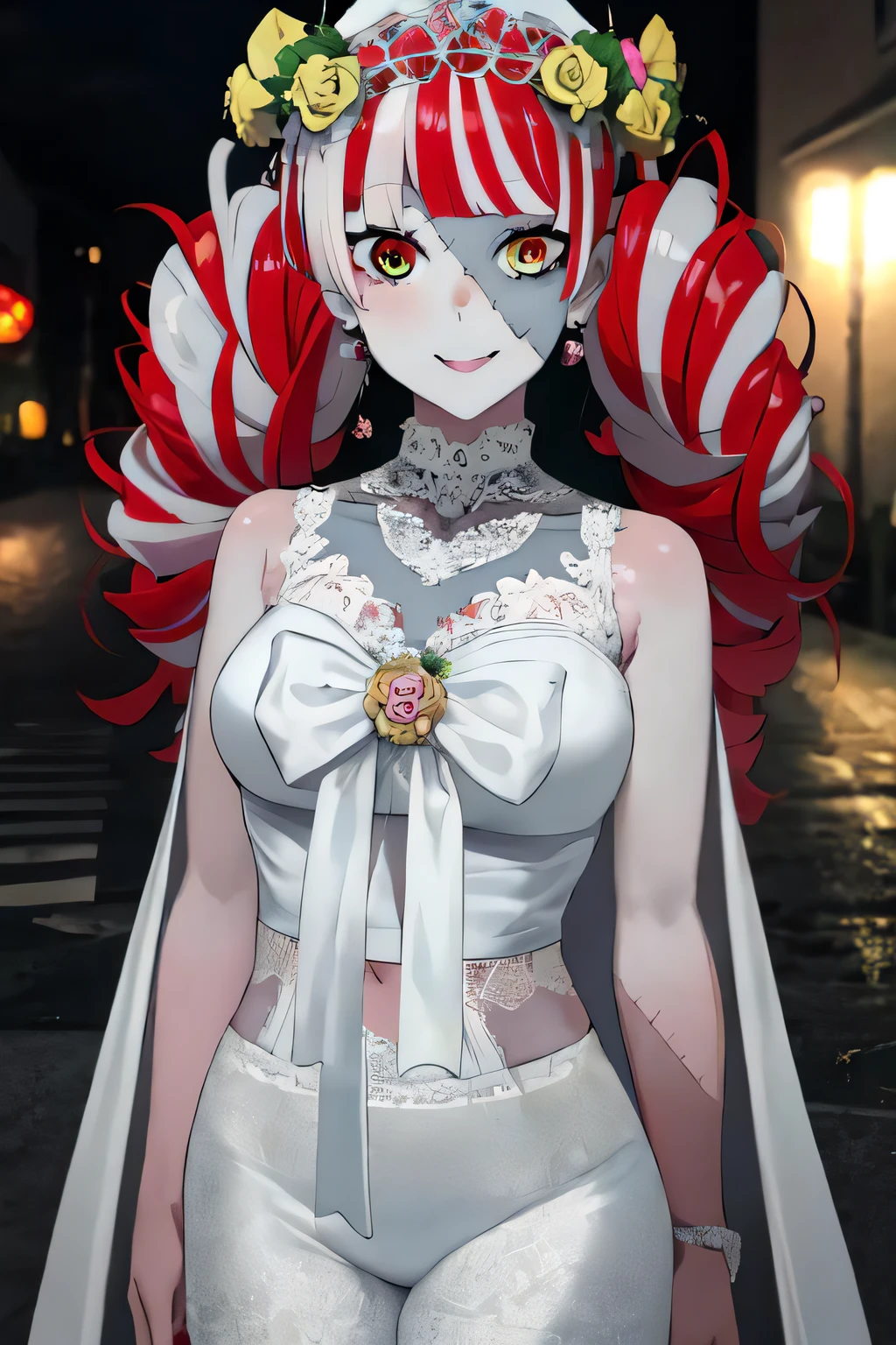 best quality, 4K wallpaper, masterpiece, extremely detailed CG unity 8k wallpaper, extremely detailed eyes, ultra-detailed, 1girl, solo, medium breasts, Ollie, zombie_skin, multicolored hair, multicolored eyes, twintail hair, earrings, style-bridal, outdoors, night, graveyard, looking at viewer, smile, standing, crossed legs, upper body, <lora:Ollie:1>