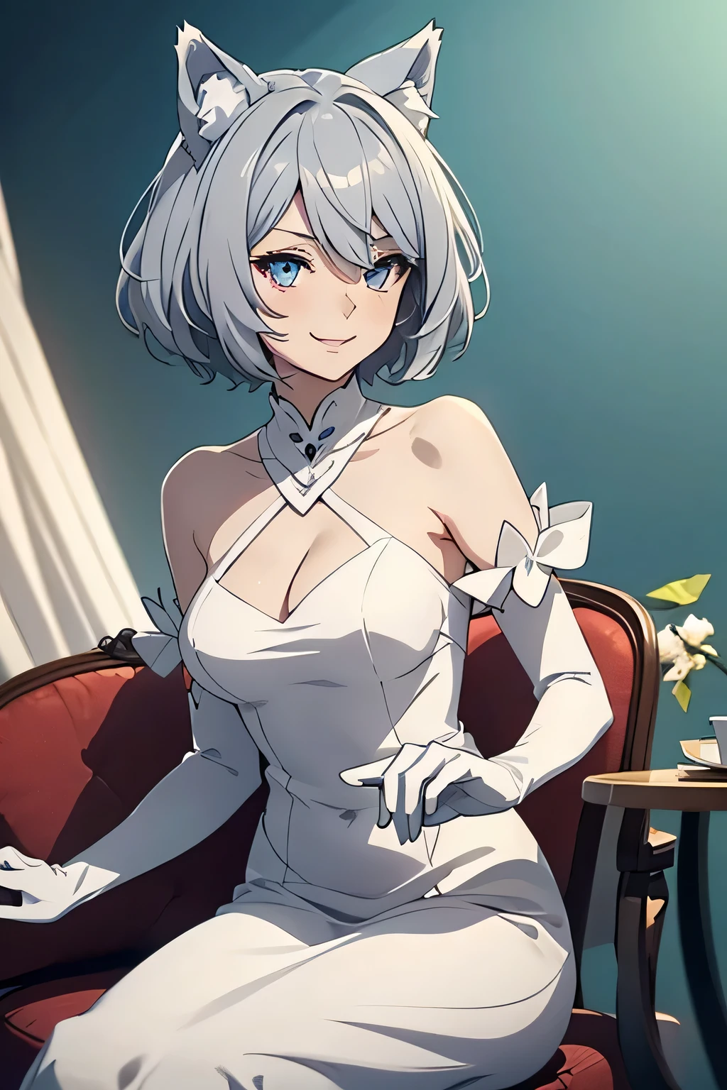 Tabletop Best image quality wonderful Attention to detail One Young Woman((Adult))Anime Style whole body White long dress(No sleeve) White long gloves(Elbow Gloves) Wolf Ears short hair((Shortcuts)(Gray Hair)(Curly Hair)(fluffy)) smile(Happy) Eye color is blue background(Hotel) Sit on a chair