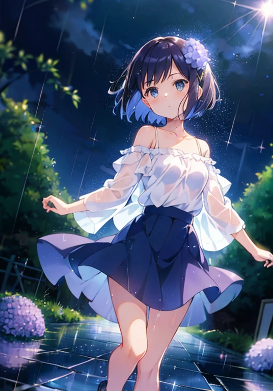 (alone), cute (One girl) walk,path,[From below:1.2],short hair, puddle,Water reflection,rain,Floating water droplets,Hydrangea,(Blurred foreground),Dynamic Angle,asphalt,(Night Sky),Lens flare, Off-shoulder oversized shirt,(Sparkling:1.2) Show your armpits, nekomata okayu, Cat&#39;s Tail, hoodie, Sweat pants,